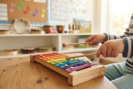 Child playing colorful wooden xylophone during music lesson at school.