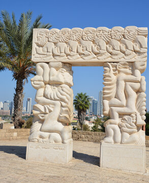 Faith Monument made of Galilee stone, stands at the top of Abrasha Park in the Old City of Jaffa Tel Aviv Israel. The huge, solid pillars, each being four meters in length, speak of strength.