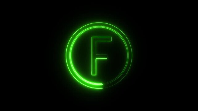 Flicker neon vedio glowing green circular frame with the letter f inside a logo or icon featuring the f centered within a ring design neon light glowing circle logo design