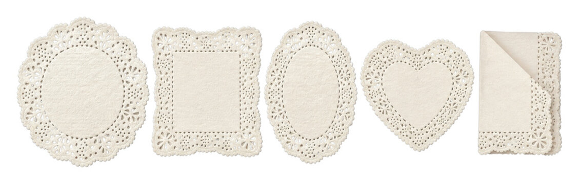 White lace doily frame set with ornate floral borders, PNG transparent background