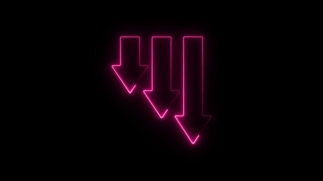 Flicker neon vedio pink neon triple downward arrows glowing against dark background three bright pointing in a stepped arrangement on a black direction sign light isolated