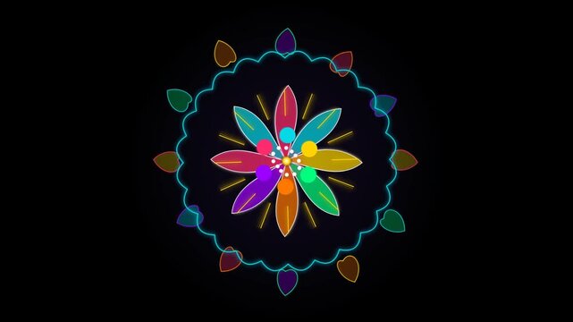 An intricate neon mandala vortex graphic featuring glowing multicolored flower petals and an outer ornate border glowing brightly against a solid deep black background in a seamless digital loop anima