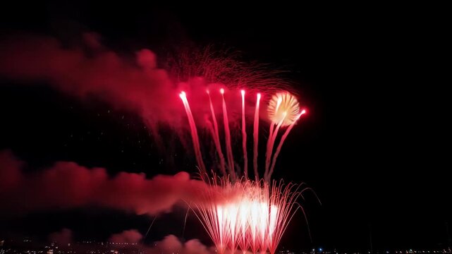 Vibrant red fireworks exploding in night sky with city lights below dramatic celebration display