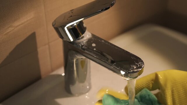 Close-up of hand in yellow rubber glove cleaning chrome bathroom faucet with sponge