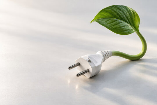 White electrical plug grows into a green leafy stem. Space for text.
