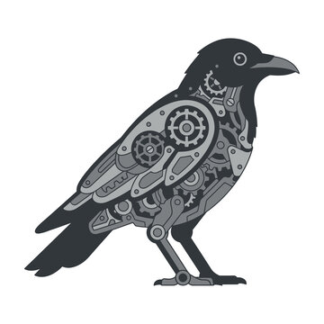 Steampunk crow bird with mechanical gears and clockwork details standing alone