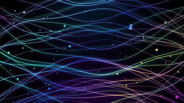 An expansive widescreen neon cyber light speed tunnel filled with multicolored glowing data lines and floating particle spheres creating a deep immersive sci-fi environment