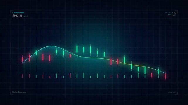 A financial stock chart displaying the ups and downs of market trends with a candlestick graph and moving average line against a dark background. This graphic represents financial data and analytics.