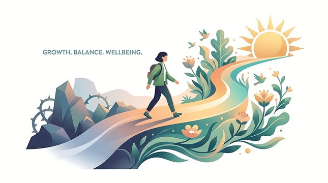 Personal growth path illustration with a walking traveler moving towards a bright sun surrounded by flowers and green nature elements journey flower vector balance wellbeing success future motivation
