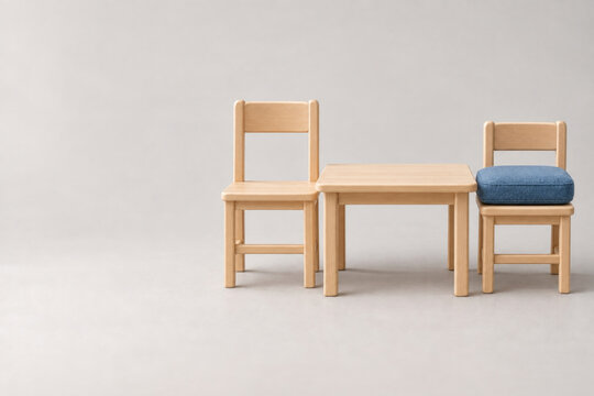 Wooden table stands between two chairs with a blue cushion. Space for text.