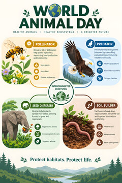 World Animal Day educational infographic, interconnected ecosystem poster with wildlife roles, biodiversity conservation and environmental awareness chart