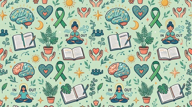 Mental wellness seamless pattern vector illustration featuring brains notebooks meditation and self-care symbols for healthcare and mindfulness concepts brain health psychology therapy care healing