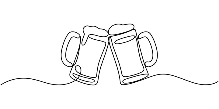 Two beer mugs cheering in a continuous one line drawing style Vector, illustration