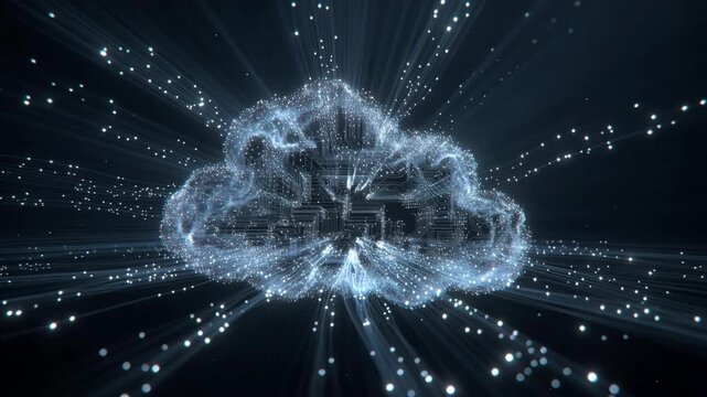 Luminous digital brain with glowing circuitry and flowing data particles on a dark background, symbolizing innovation