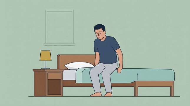 Morning Malaise: A man sits dejectedly on the edge of his bed, head bowed in thought, as the soft morning light filters into the room.