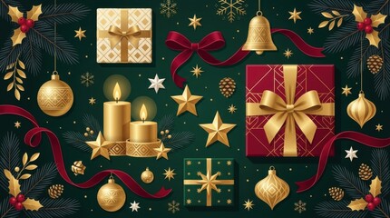 Obraz premium Christmas festive background with gifts and golden ornaments