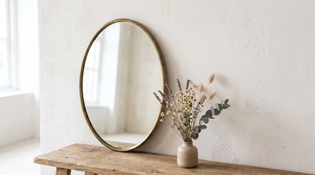 Oval brass mirror hanging on a textured white wall above a rustic wooden console table with dried botanical flowers