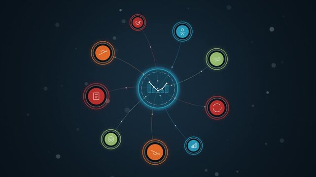 Digital network connection animation. Glowing data nodes and charts