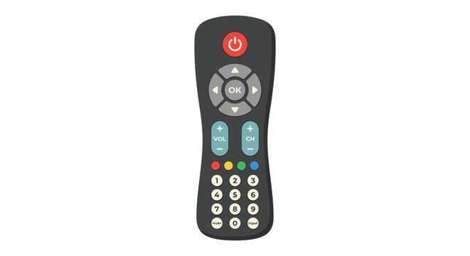 Black television remote control with colorful buttons and a white directional pad