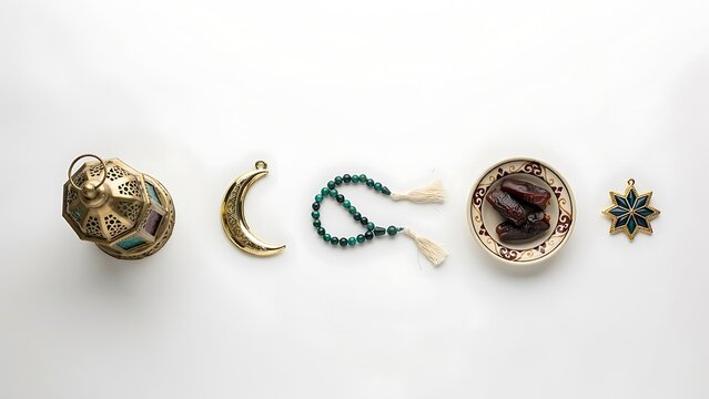 Flat lay of Arabian cultural essentials on white, featuring a brass Aladdin lamp, golden crescent, green prayer beads, and dates