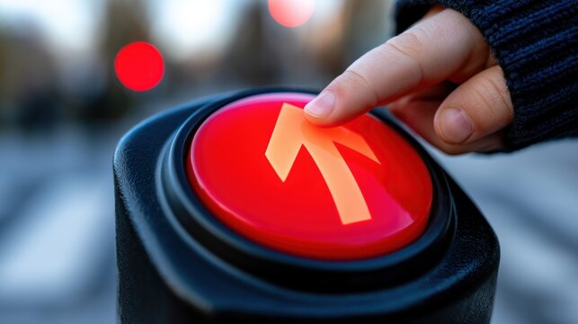 Finger pressing red button with orange arrow symbol