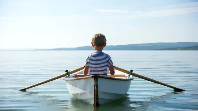 Young boy sitting in small rowboat on calm lake enjoying peaceful nature moment with scenic