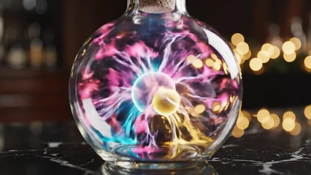 Mesmerizing plasma ball in a clear glass bottle with a cork stopper creating colorful electric patterns on a shiny surface.