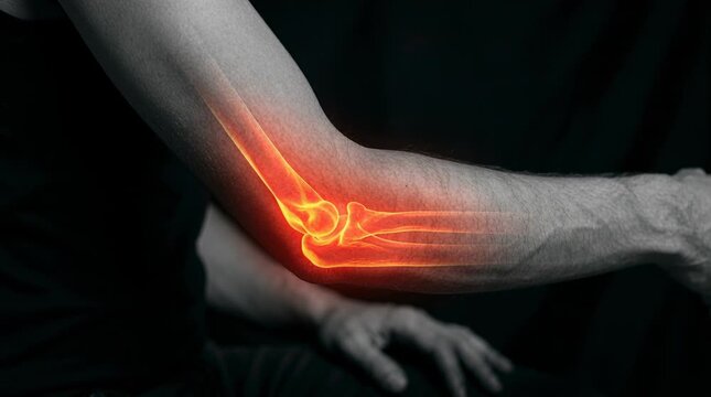 Elbow joint pain, glowing orange bones xray arm, inflammation arthritis concept. Medical science health care, elbow joint pain treatment footage