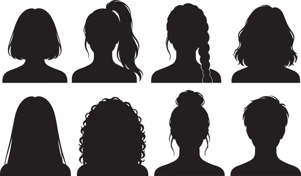 Collection of female silhouettes avatars showing different hairstyles and haircuts in black vector art