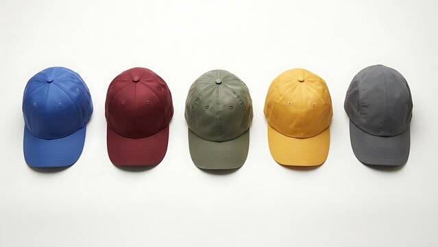 Collection of five solid color baseball caps in blue, wine red, army green, mustard yellow, and grey, showcasing flat brims and top button stitching on white background