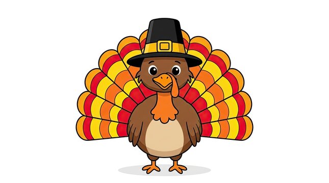 A charming cartoon turkey wearing a pilgrim hat celebrates the joyous spirit of thanksgiving day