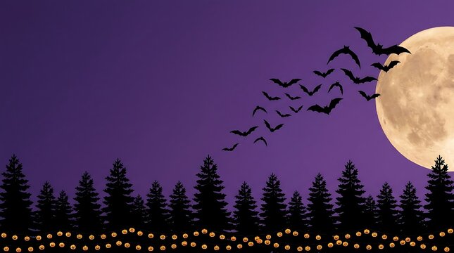 Spooky halloween scene featuring a giant glowing full moon bats flying across a dark purple sky above a pine forest with illuminated glowing pumpkin string lights