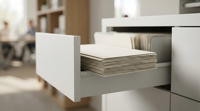 A white file cabinet drawer pulled out showing documents and records organized for aca plans review and policy filing