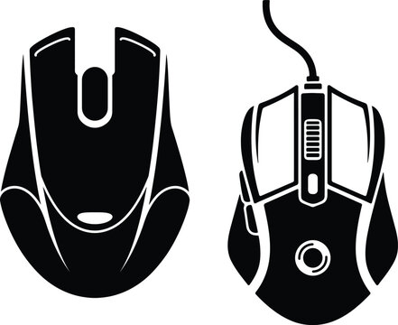 Two black computer gaming mouse silhouettes with wired connection vector illustration
