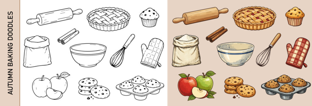 Baking doodle vector set with pie, cookies, apples and autumn kitchen elements