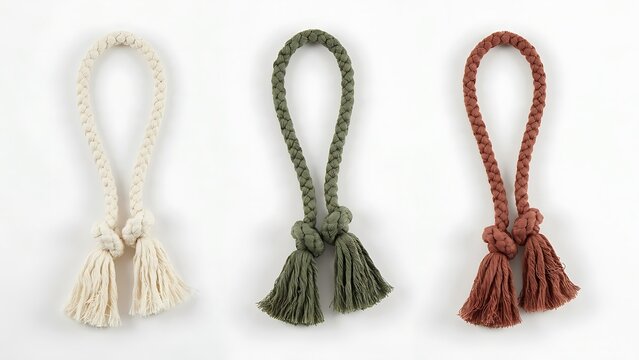 Boggs Braided Tassel Cushion Tie Set, rustic cotton macrame rope with double knot ends in cream, olive, and rust for boho pillow styling Isolated On White Background