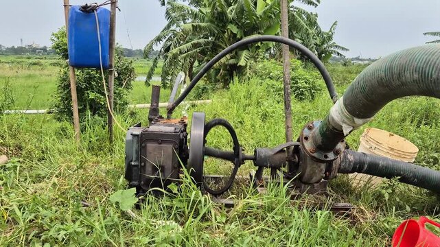 Active Running Diesel Water Pump Engine Frame Close Up Commercial Video