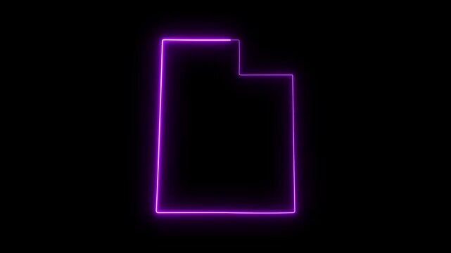 Neon glowing outline map of utah state, purple led light effect on black background, digital travel and geography concept