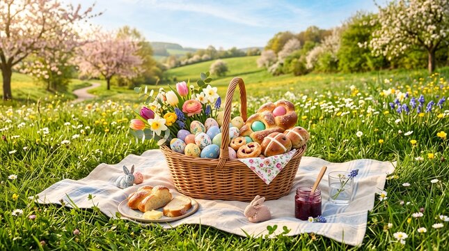 Beautiful picnic basket filled with treats in a lush springtime meadow with blossoming trees