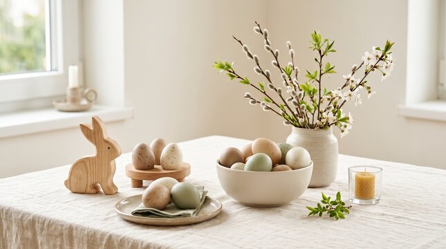 Bright easter table setting with eggs bunnies and spring flowers in a light room