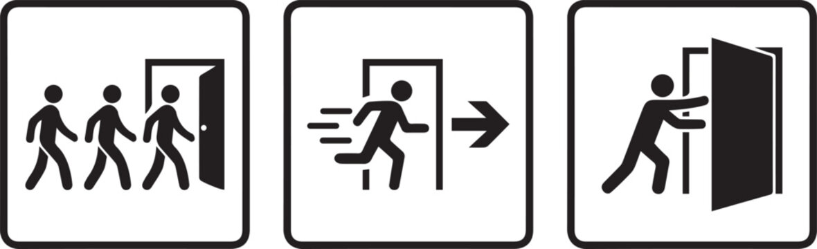 Set of black and white emergency exit icons showing people walking running and pushing a door open