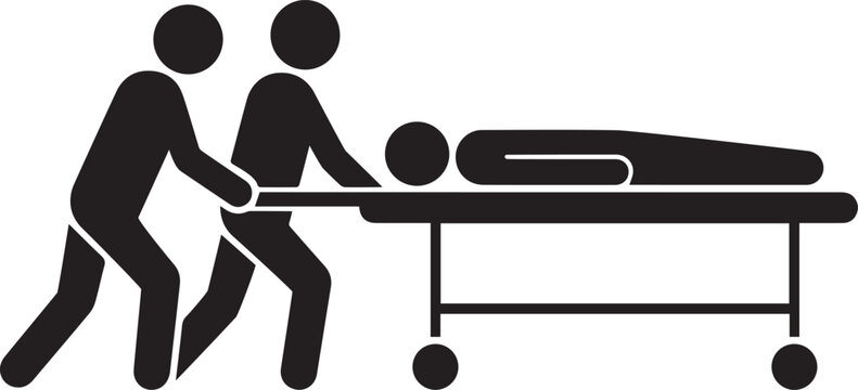 Black and white pictogram of two medical workers pushing a patient on a hospital gurney stretcher