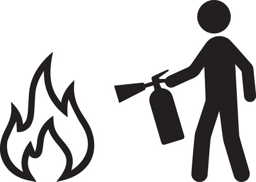 Black and white vector icon of a person using a fire extinguisher to put out a fire