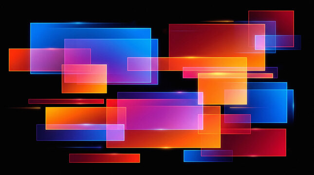 Abstract neon glowing rectangles on black background, vibrant geometric light shapes, futuristic colorful glass panels for digital technology design
