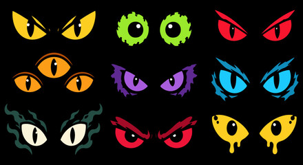 Scary monster eyes vector graphic collection displaying various creepy colorful expressions like angry glowing feline pupils and glowing alien stares set against a dark black background for modern hor © Farhan Jani