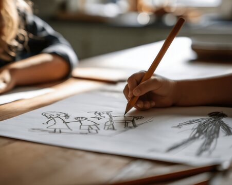 A child's hand draws family problems during art therapy