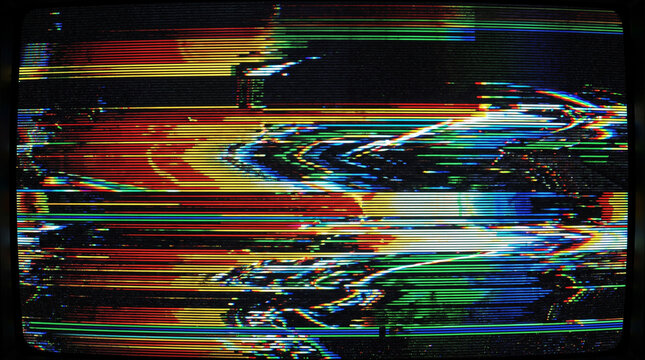 Abstract colorful digital glitch art with RGB distortion and data error lines on black


