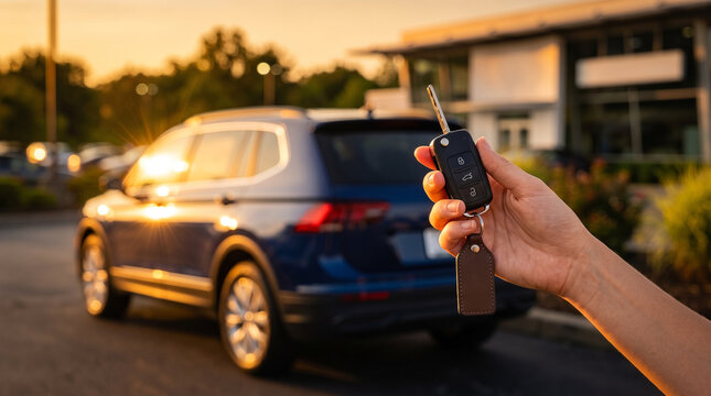Hand holding car key fob in front of new SUV at dealership during golden sunset

