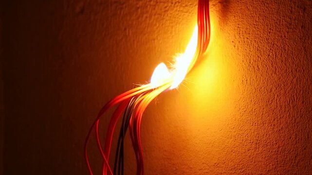 Static close up of electrical wires sparking and burning on interior wall with glowing orange light and melting insulation and exposed conductors