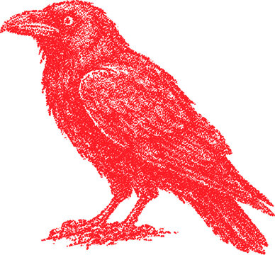 Halftone stipple dotted red raven in retro grunge style on transparent background